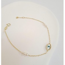 Βραχιόλι Σε Κίτρινο Χρυσό 9Κ Με Μαργαριτάρια και Μάτι με ζιργκόν (BR103)